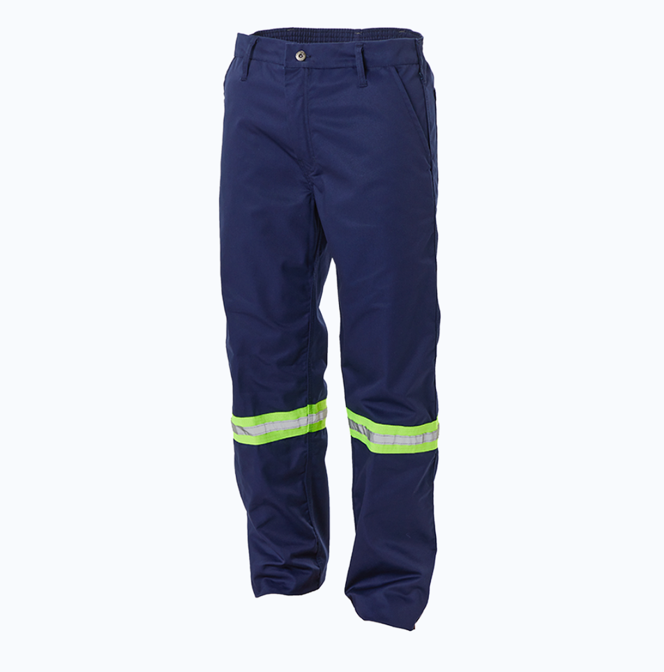 Navy blue work pants with reflective yellow and white stripes on a white background