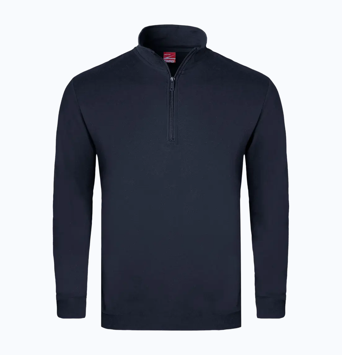 Navy blue long-sleeve shirt with a quarter zip on a white background