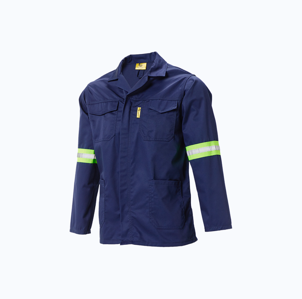 Navy blue work jacket with reflective yellow stripes on a white background