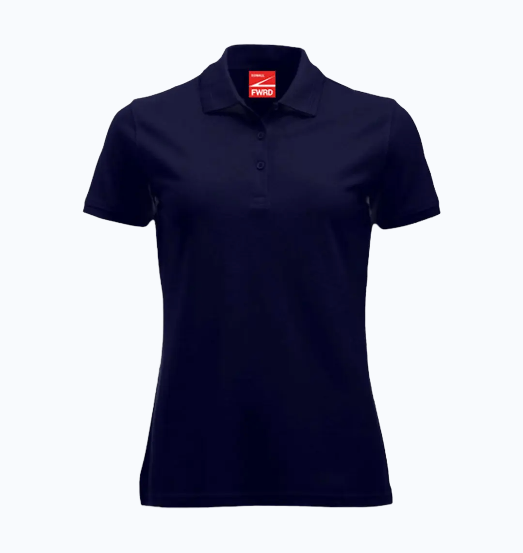 Navy blue polo shirt with a red logo on a white background