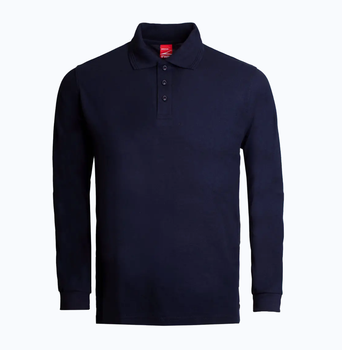 Navy long-sleeve polo shirt on a white background