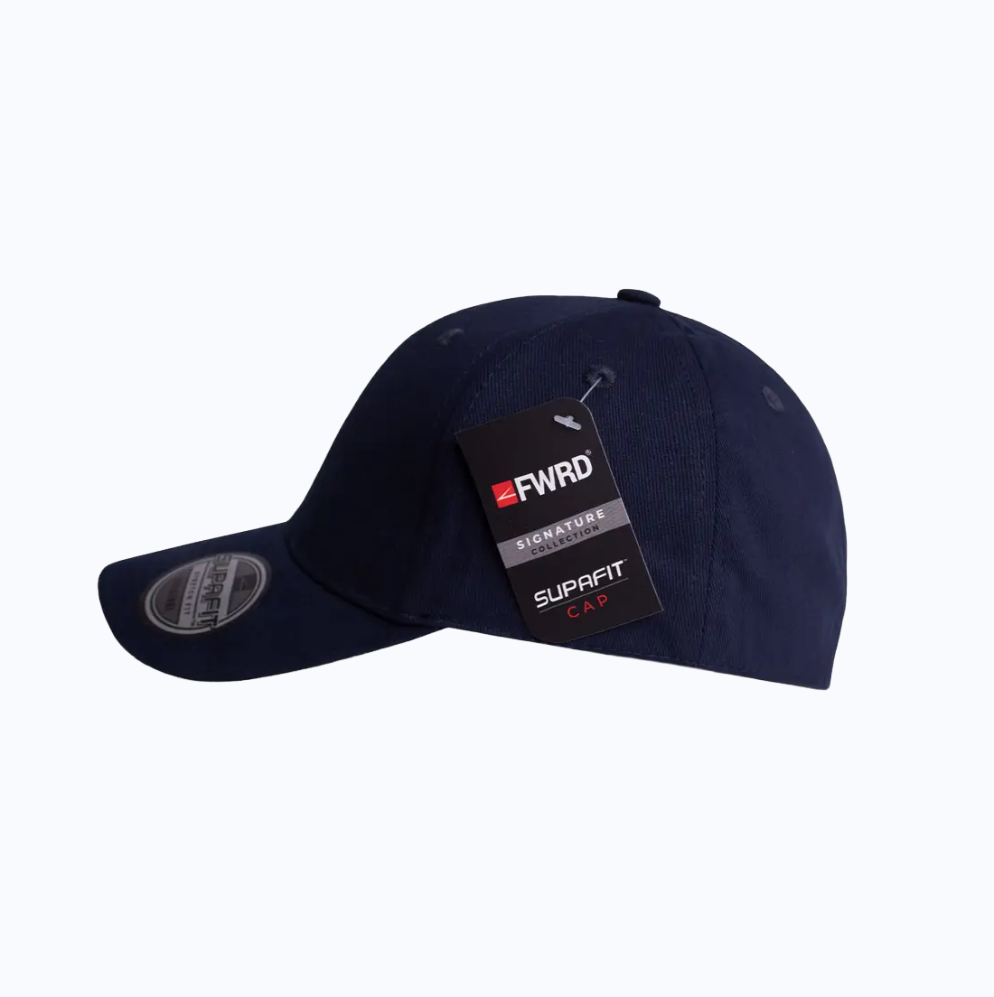 Navy blue cap with a visible tag on a white background