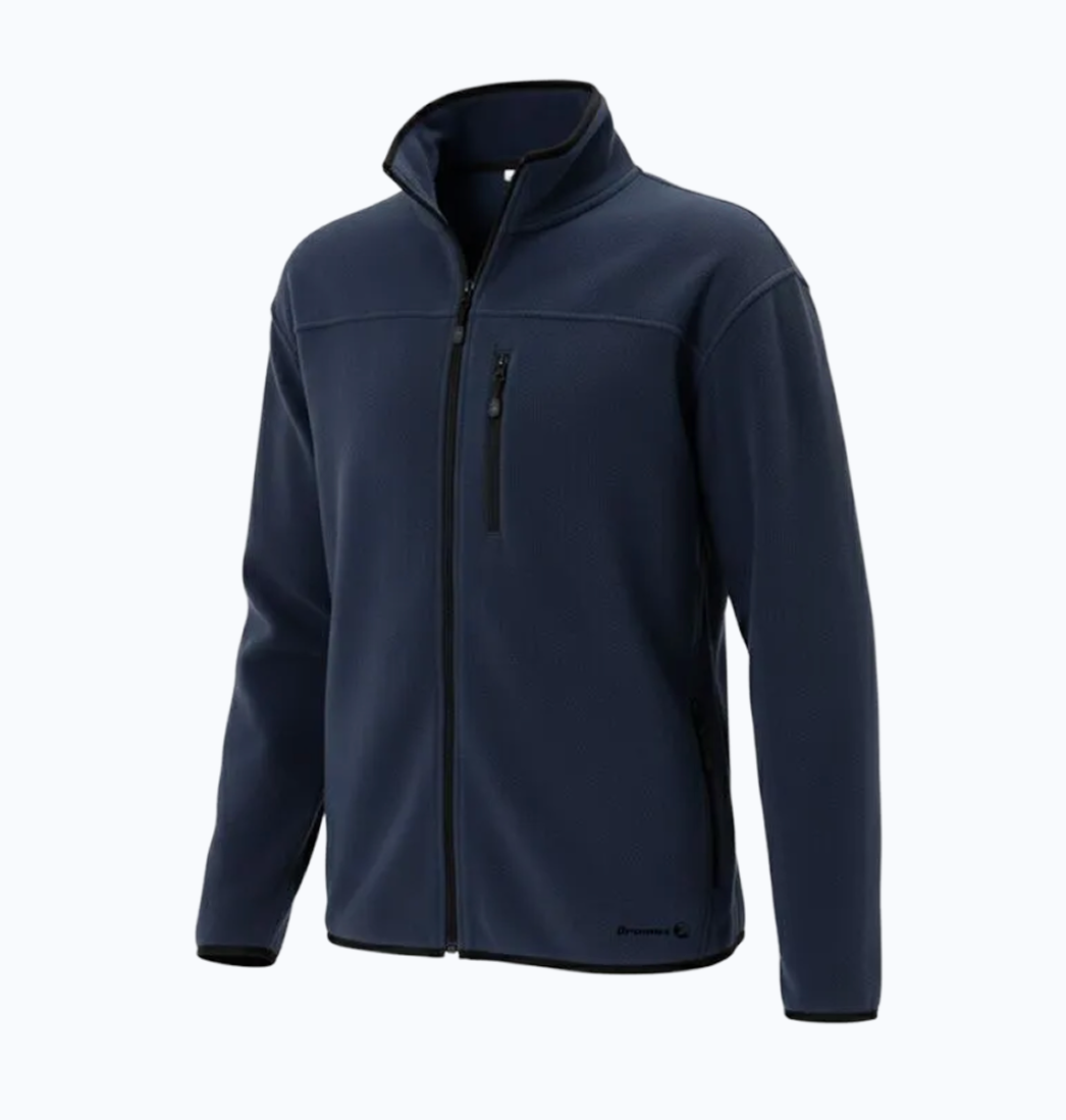 Beige jacket with black zipper and trim on a white background