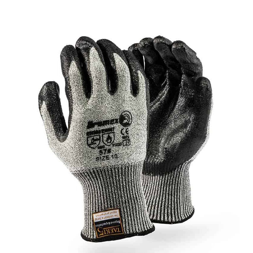 Pair of black and gray gloves with brand logo on a white background