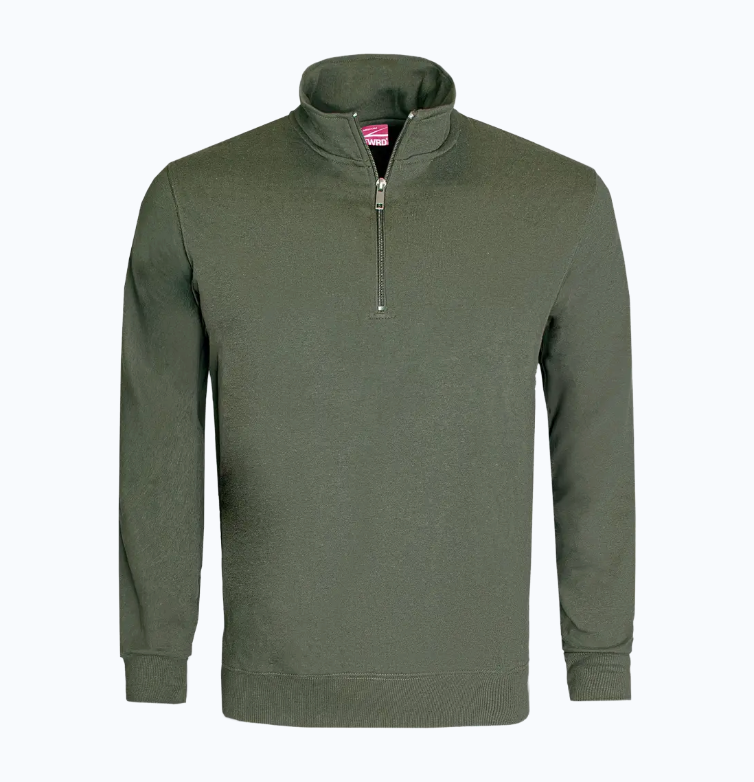 Green sweatshirt with a quarter zip on a white background