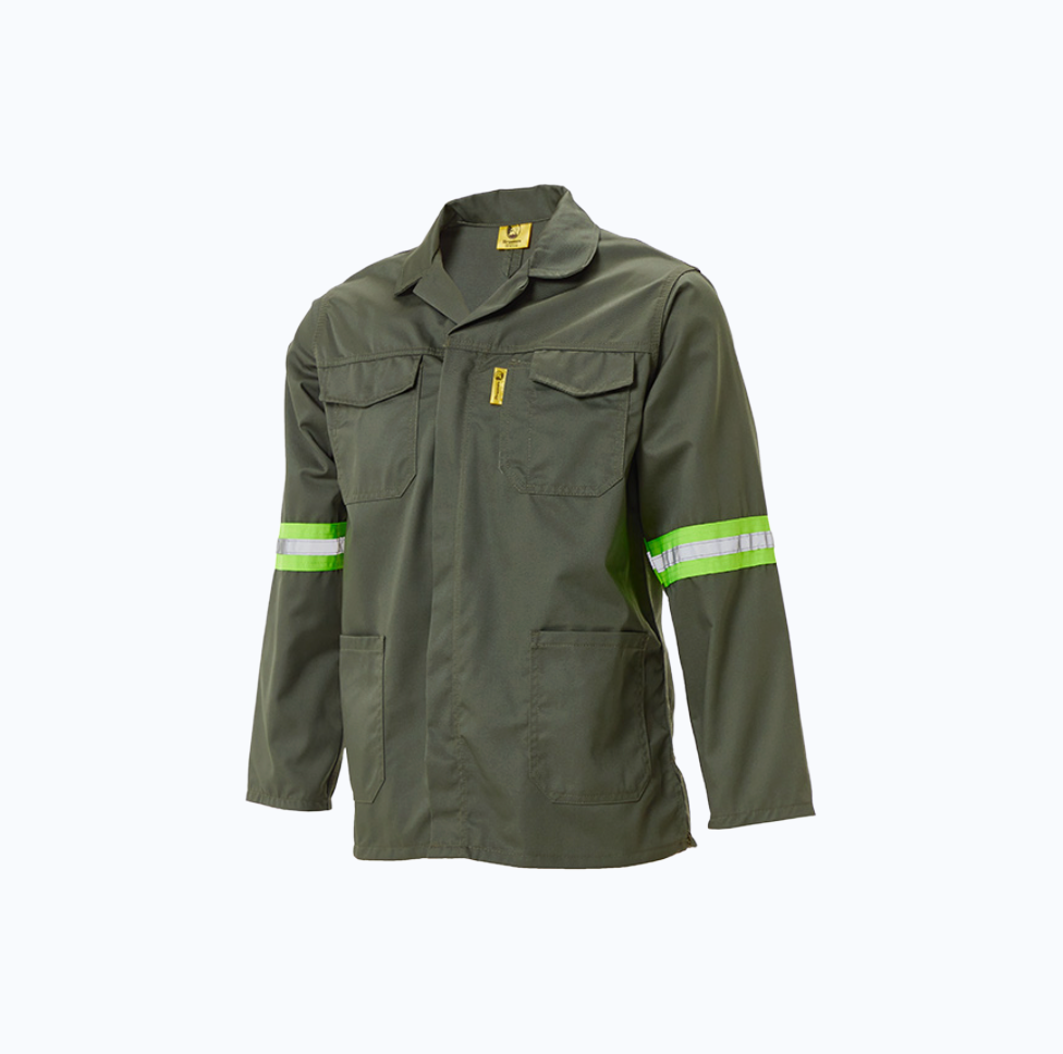 Green work jacket with reflective stripes on a white background