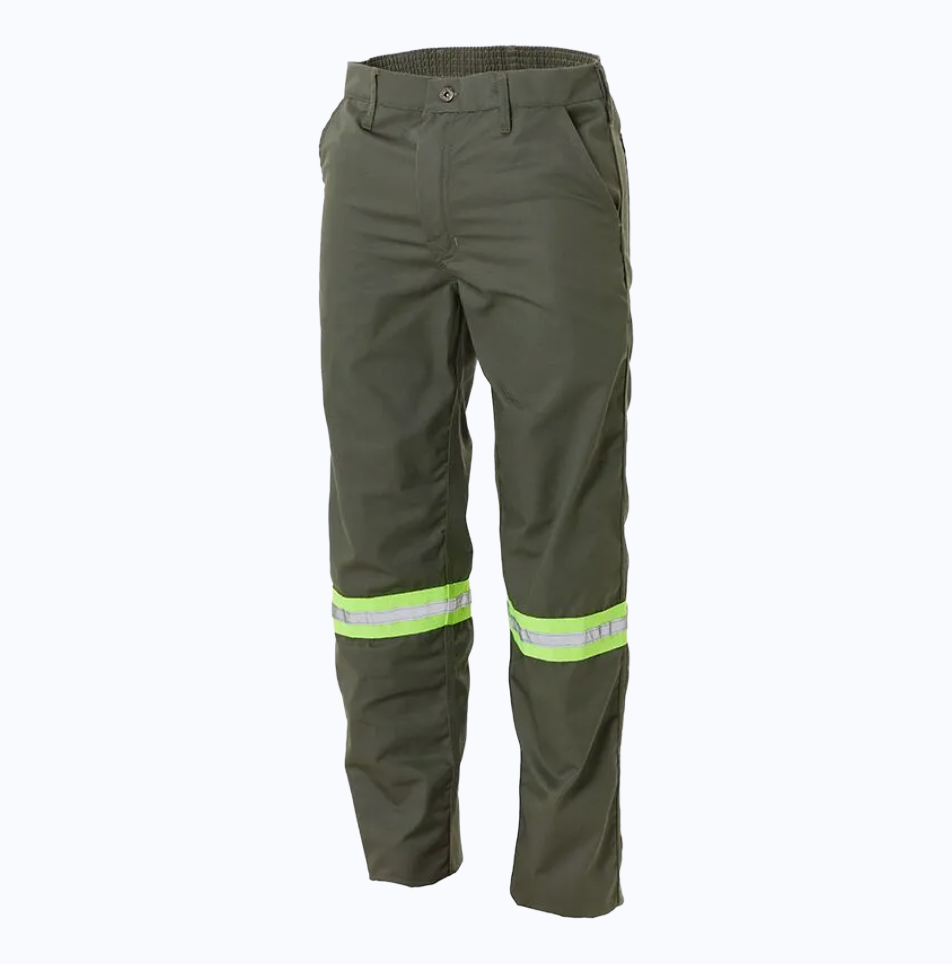 Green work pants with reflective stripes on a white background
