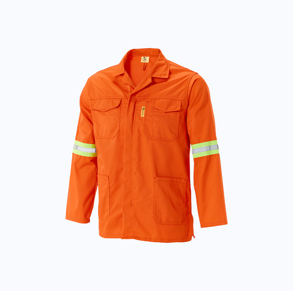 Orange safety jacket with reflective stripes on a white background