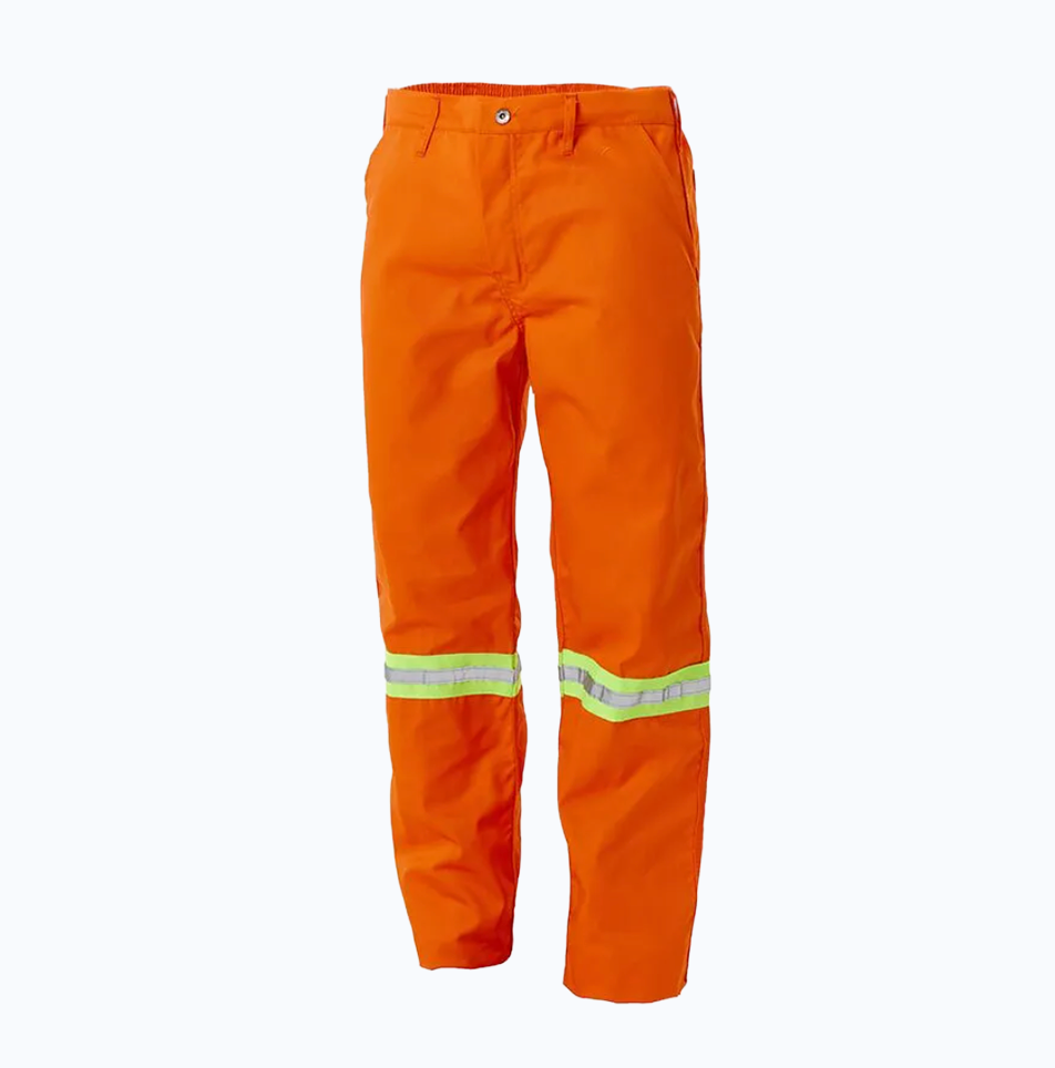Orange safety pants with reflective stripes on a white background