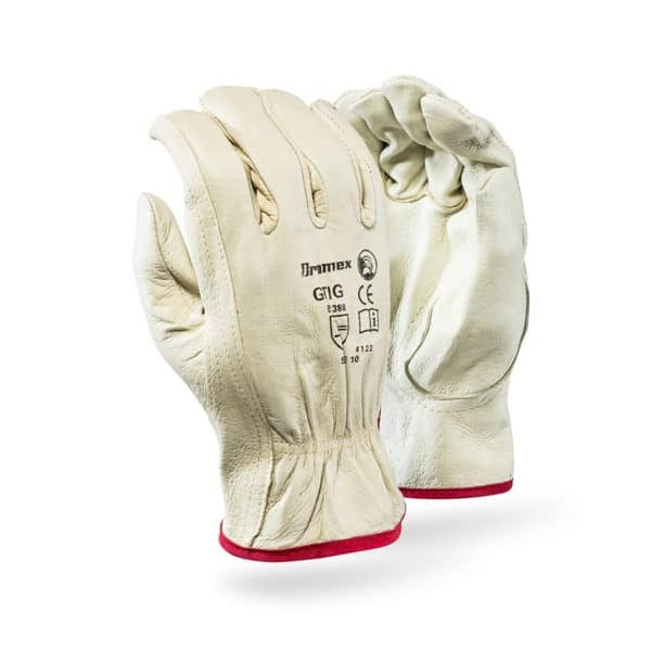 Pair of beige work gloves with red accents on a white background