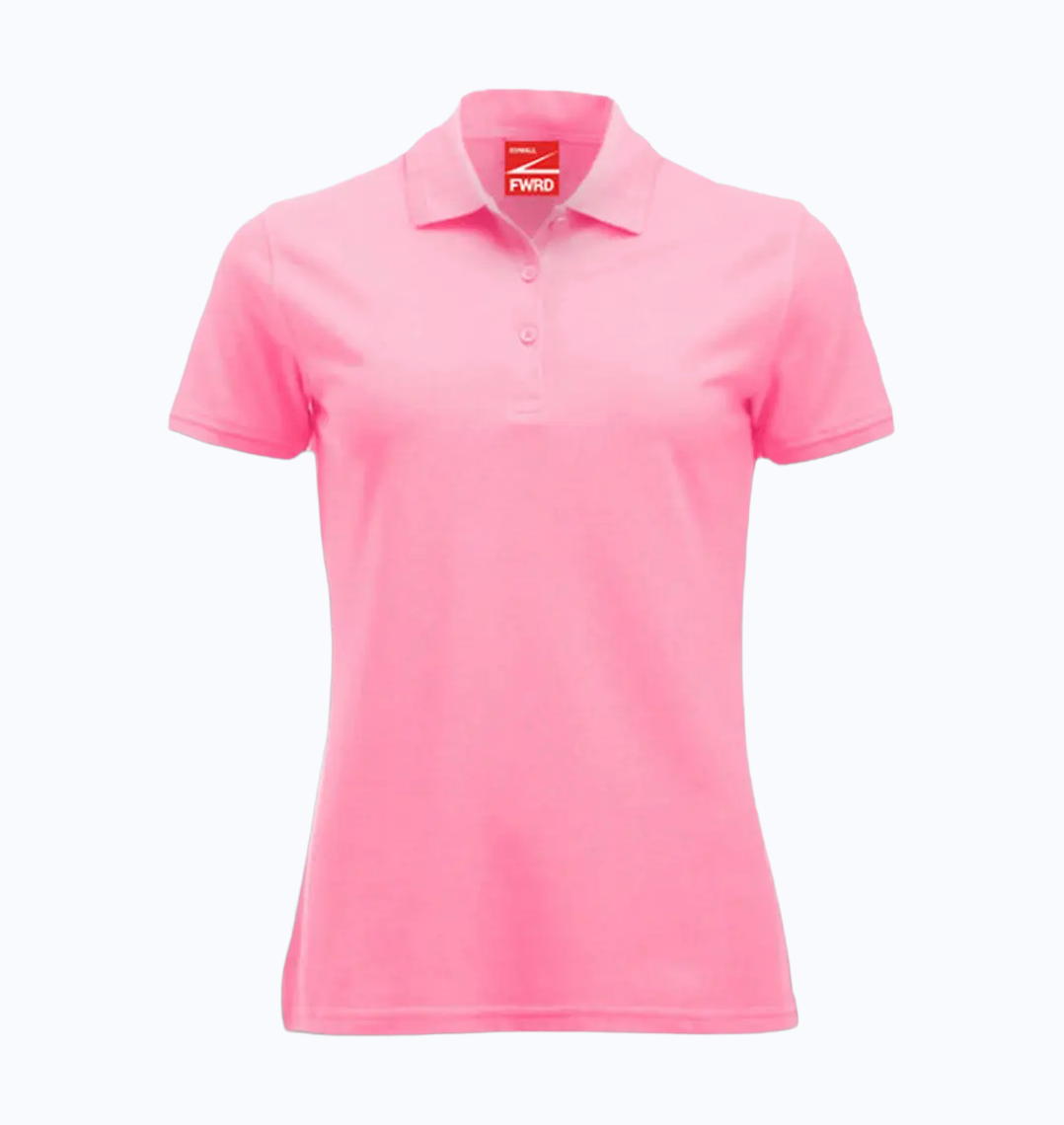 Pink polo shirt with a brand logo on a white background
