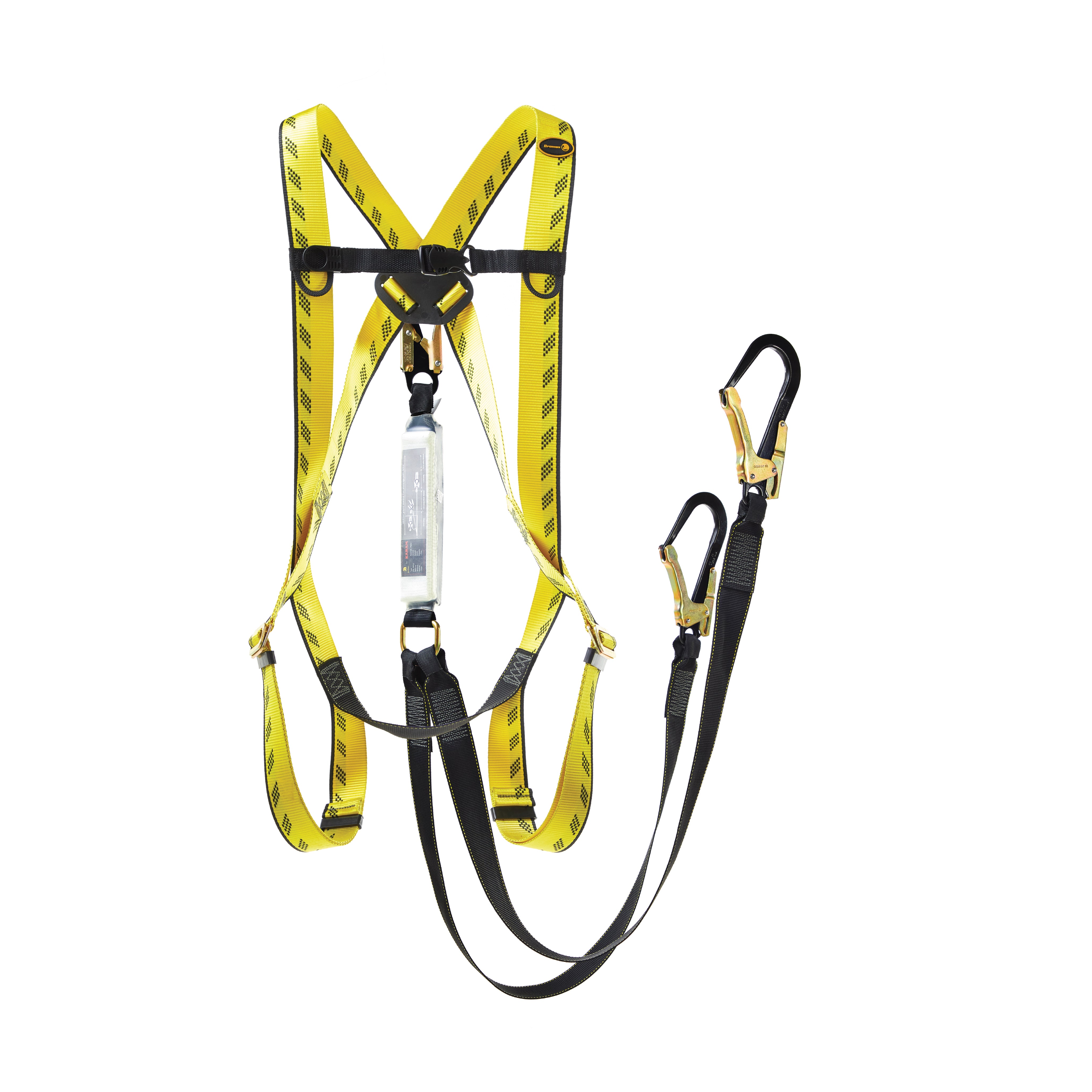 Yellow safety harness with black straps on a white background