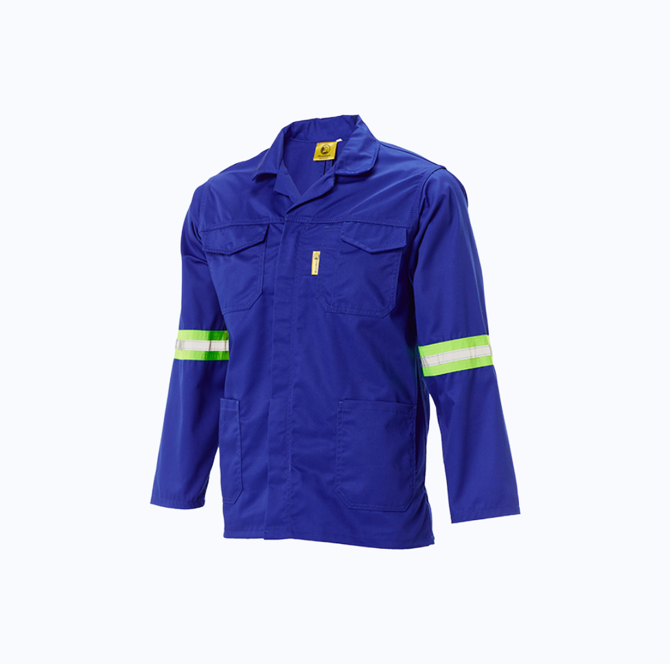 Blue work jacket with reflective stripes on a white background