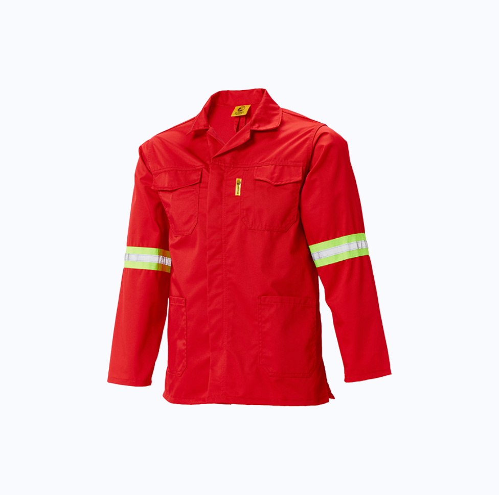 Red safety jacket with reflective stripes on a white background