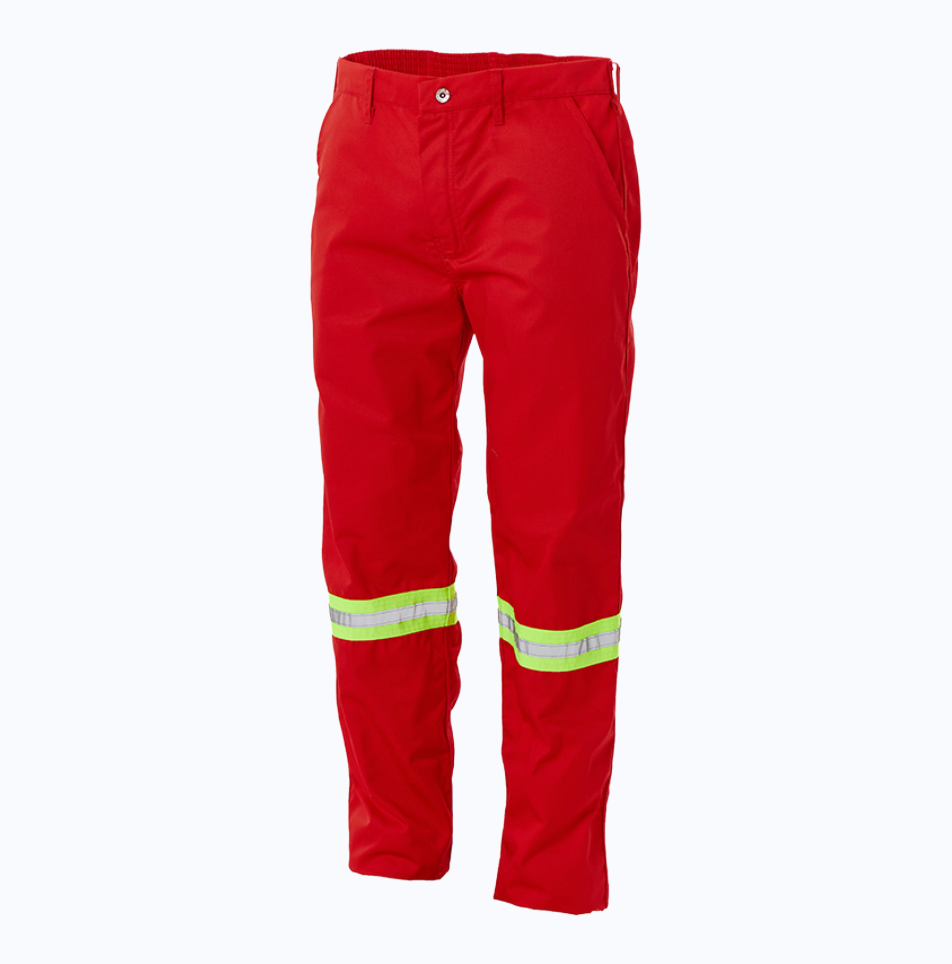 Red work pants with reflective stripes on a white background
