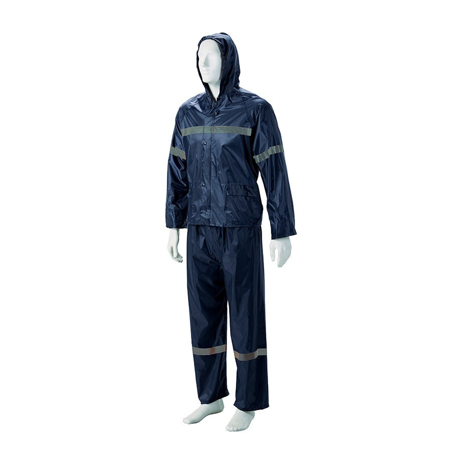 Navy rain suit with reflective stripes on a white background