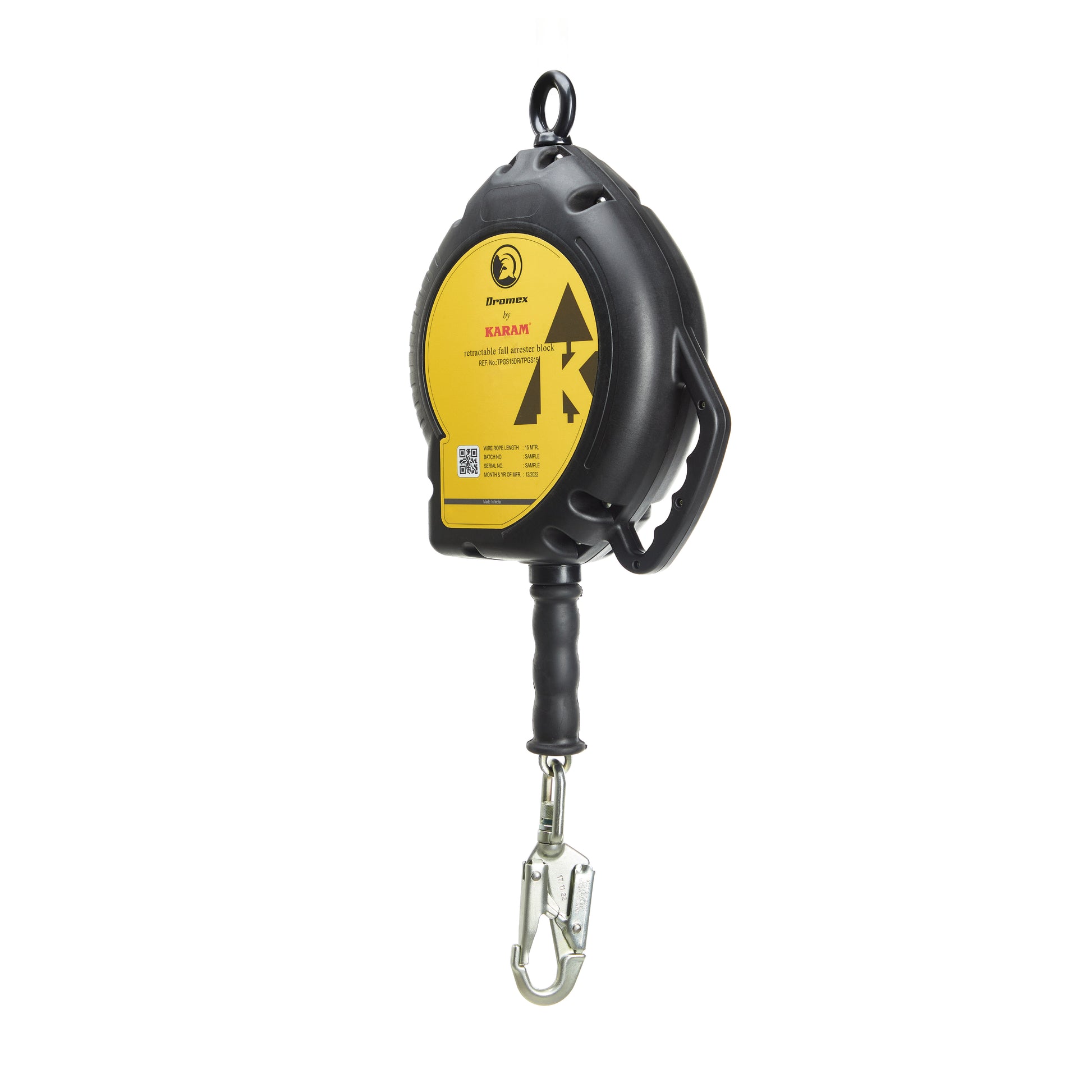 Black and yellow safety rope reel on a white background