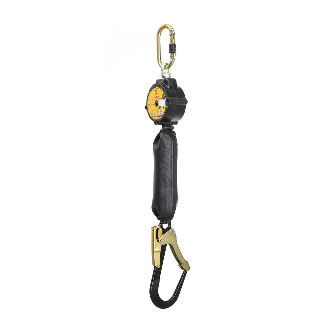Black safety harness with yellow accents on a white background
