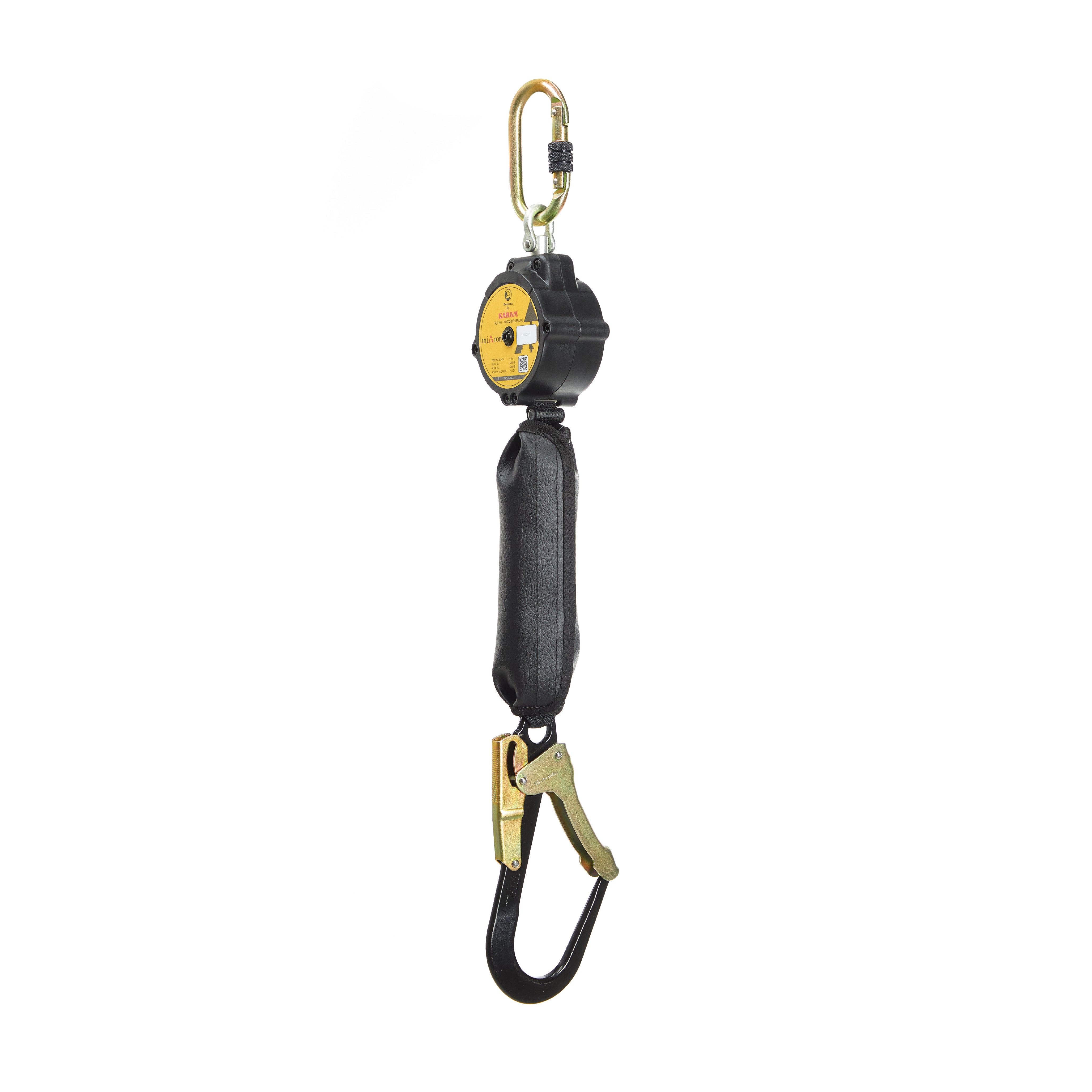 Black safety harness with yellow accents on a white background