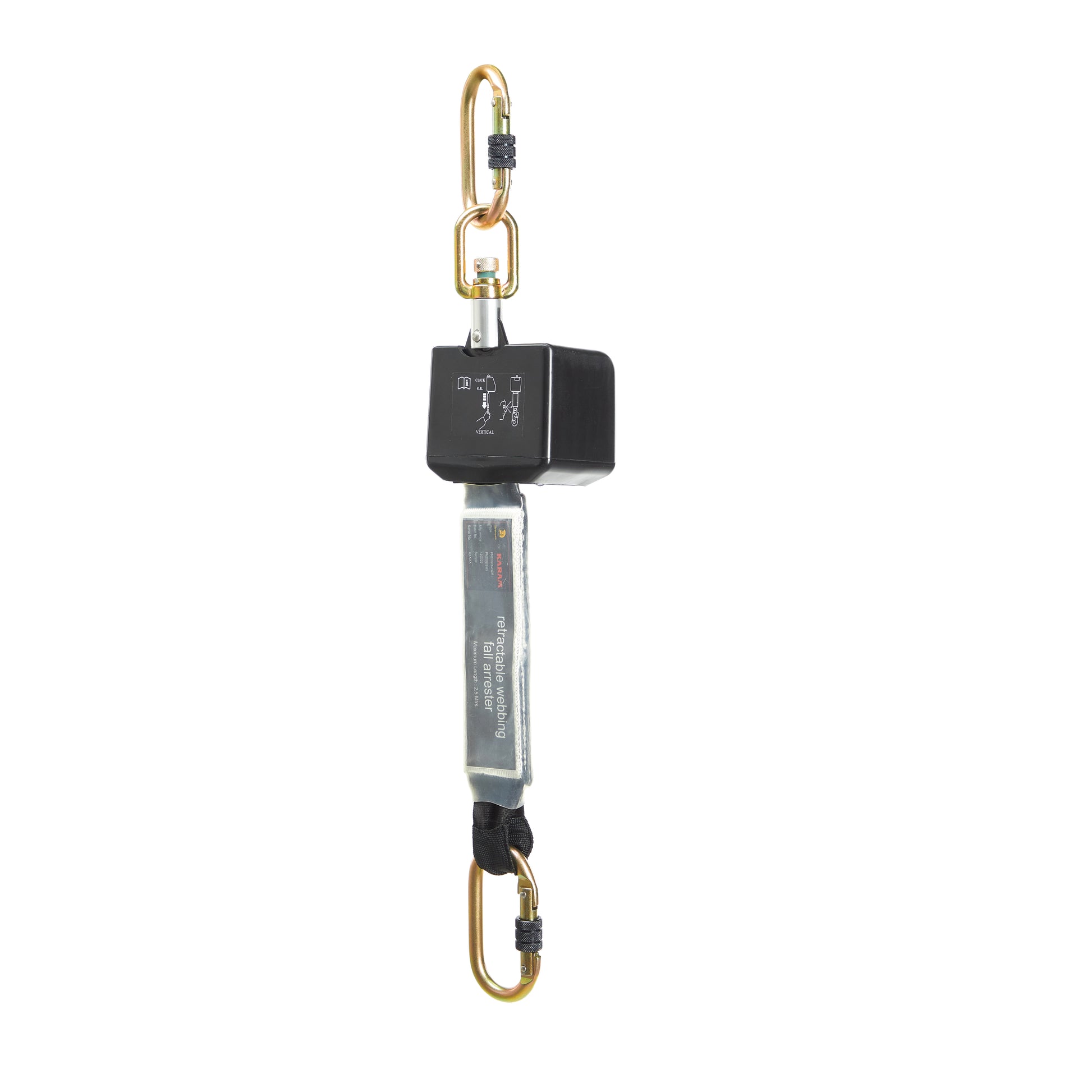 Safety harness with a black chest plate and gold carabiners on a white background