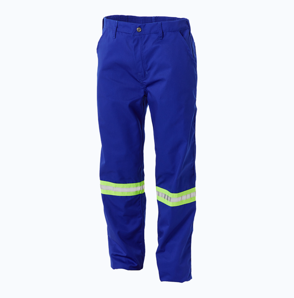 Blue work pants with reflective stripes on a white background