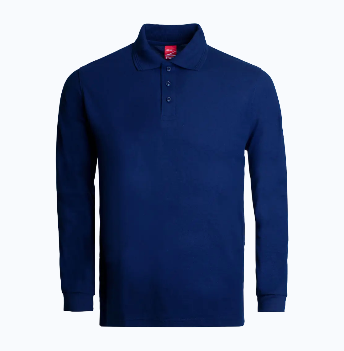 Blue long-sleeve polo shirt on a white background