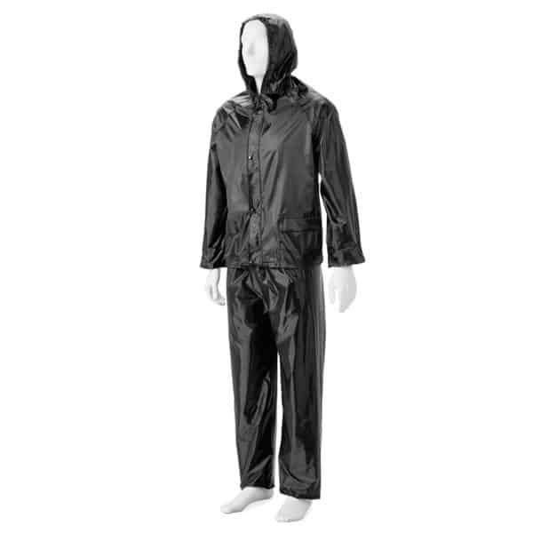 Black raincoat and pants set on a white mannequin against a white background