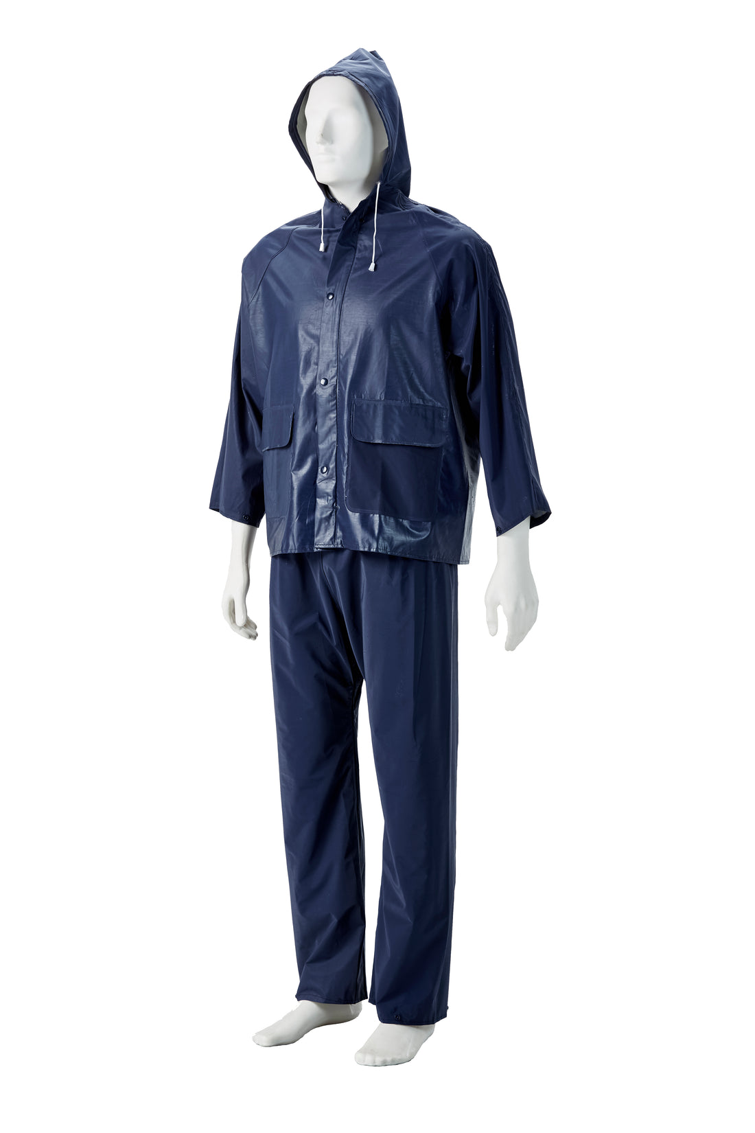 Navy raincoat and pants set on a mannequin against a white background
