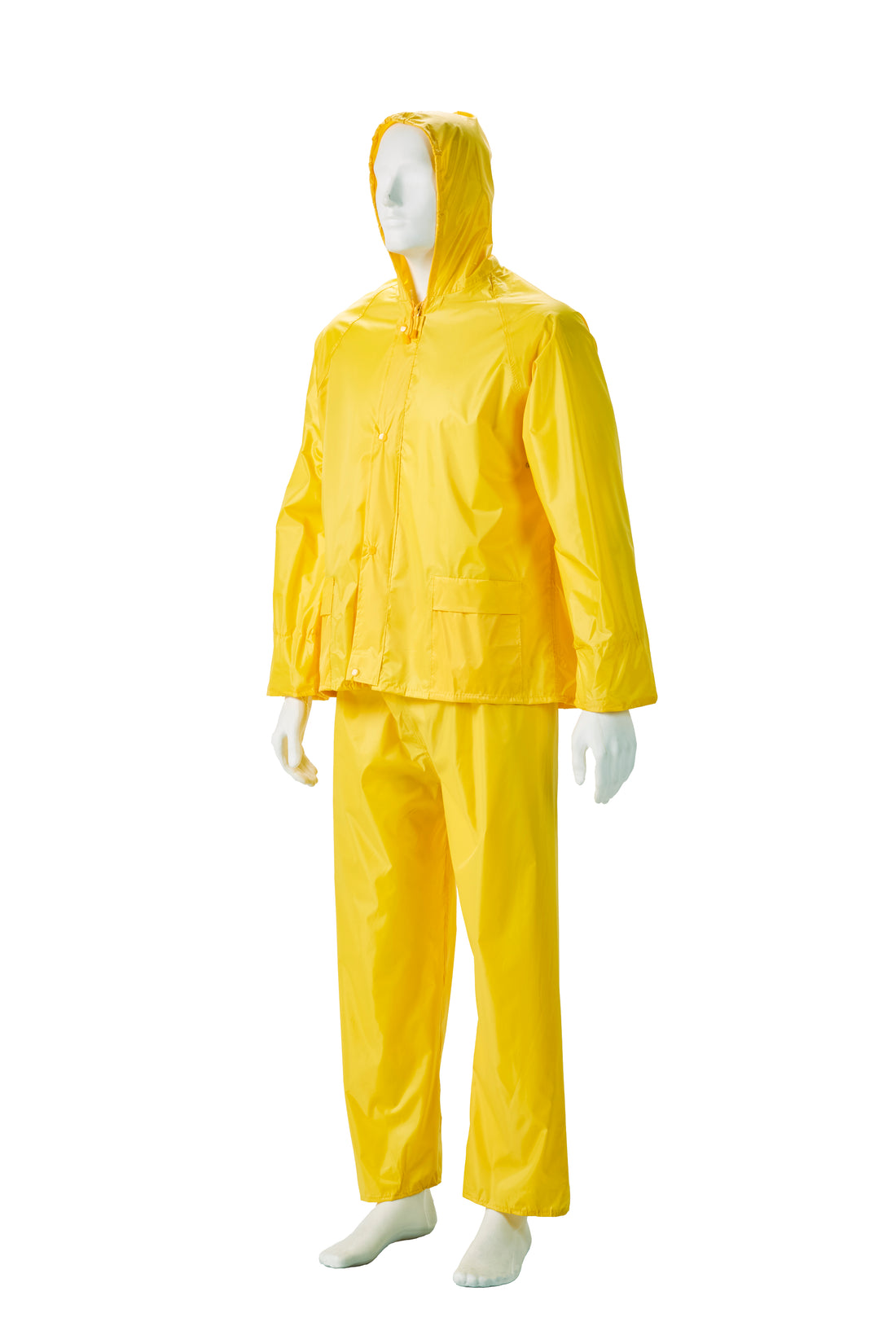 Yellow raincoat and pants set on a mannequin against a white background
