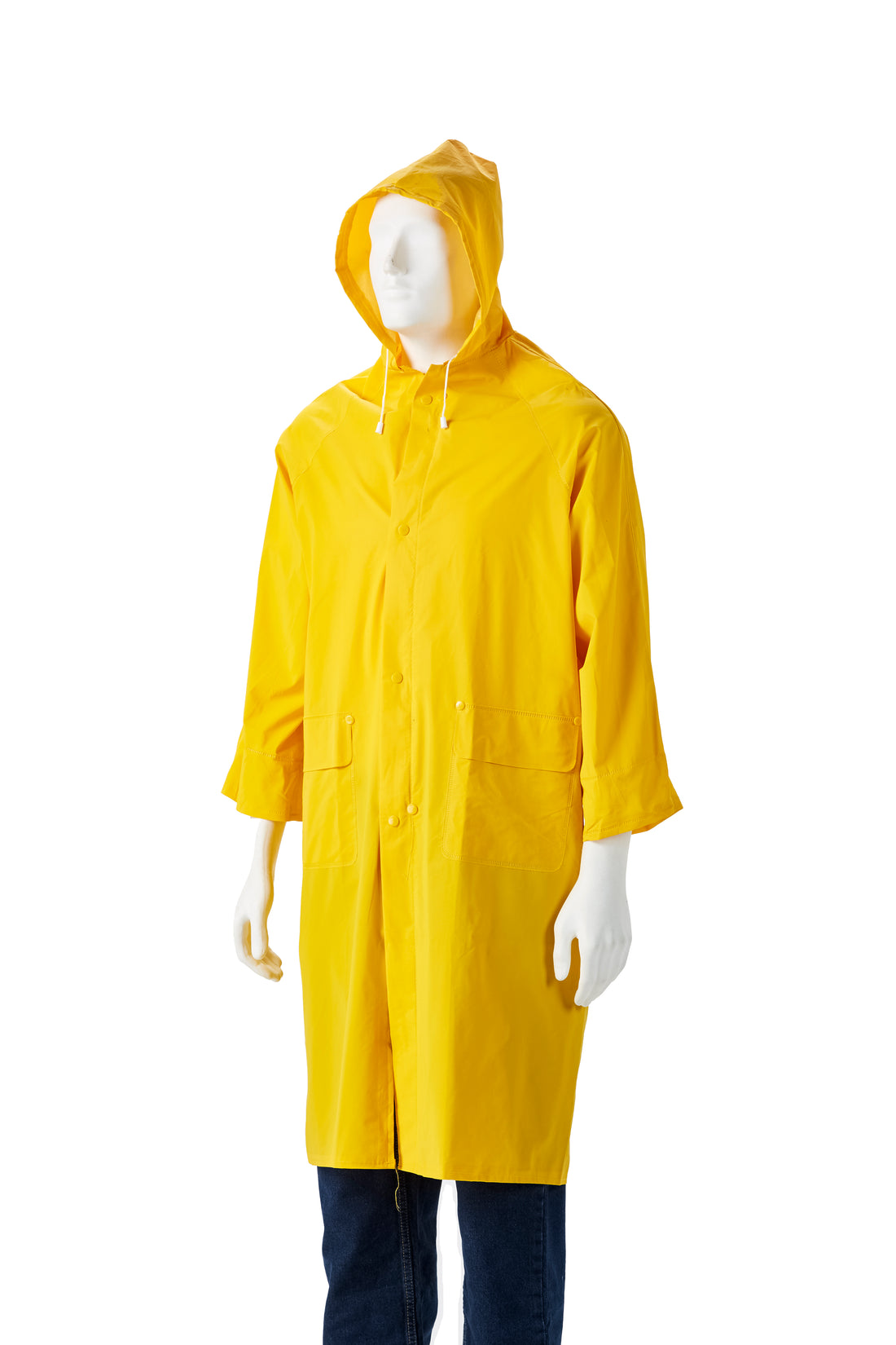 Yellow raincoat on a mannequin against a white background