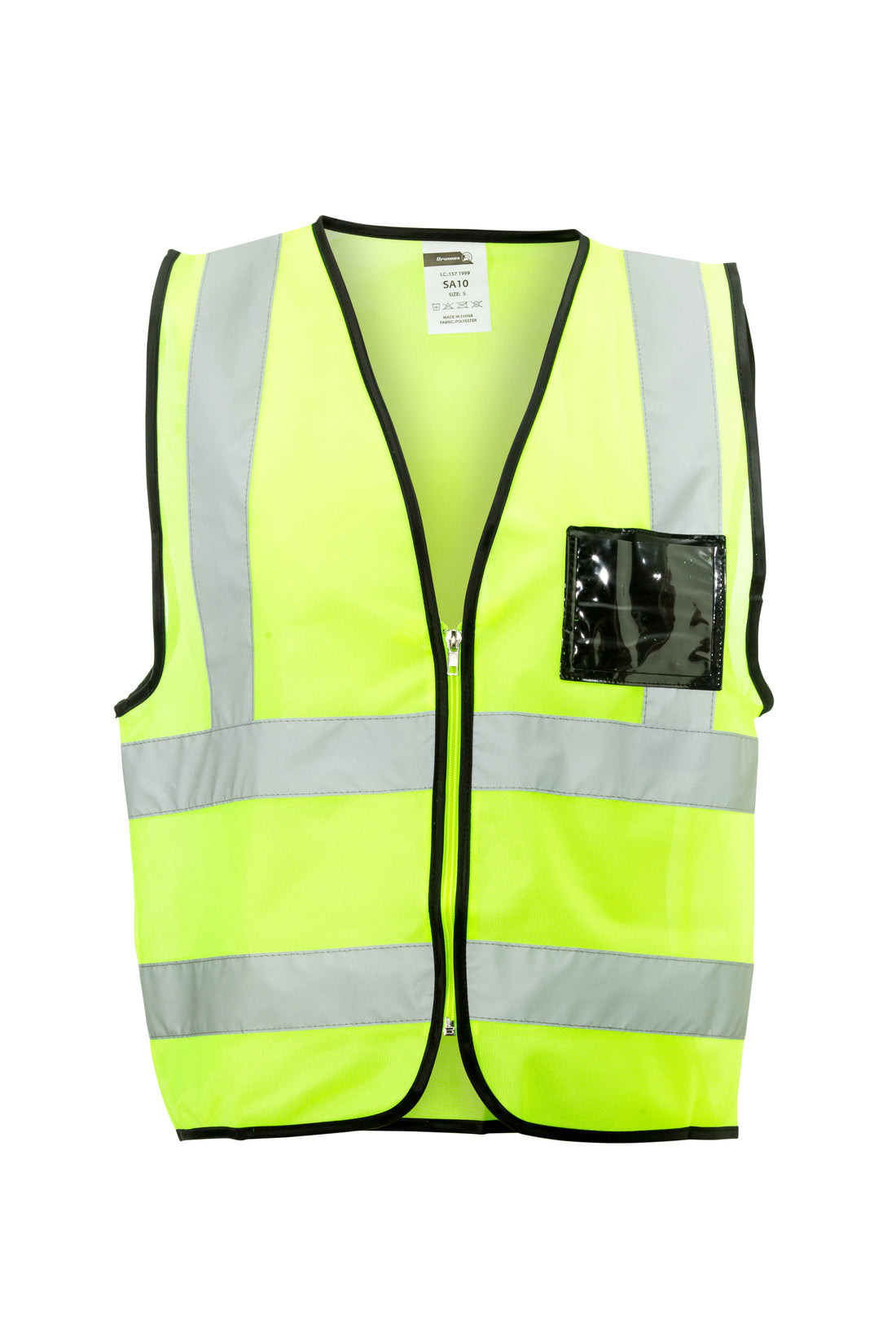 Yellow safety vest with reflective stripes on a white background