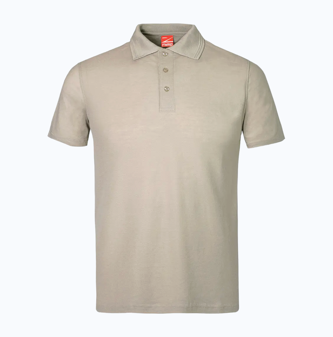 Beige polo shirt with a brand logo on a white background