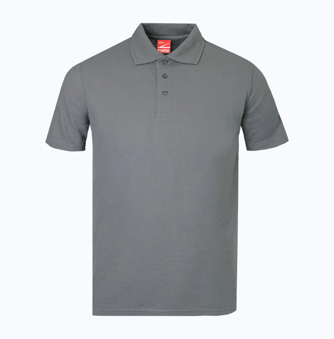 Gray polo shirt with a brand logo on a white background
