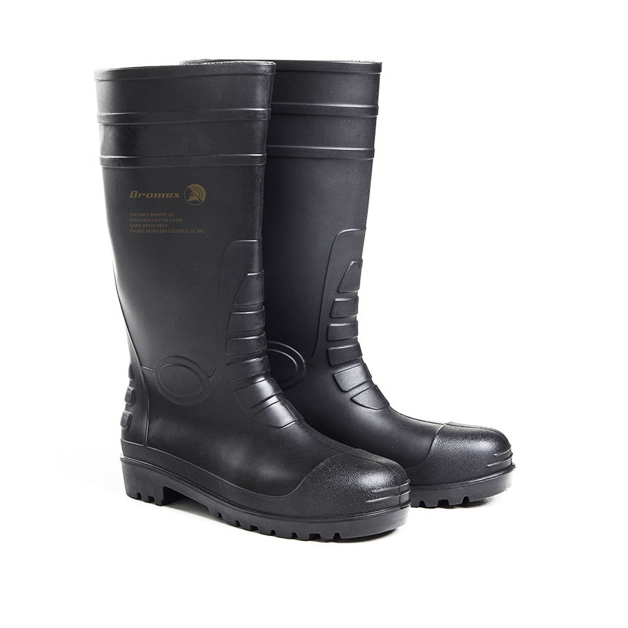 Pair of black rubber boots on a white background