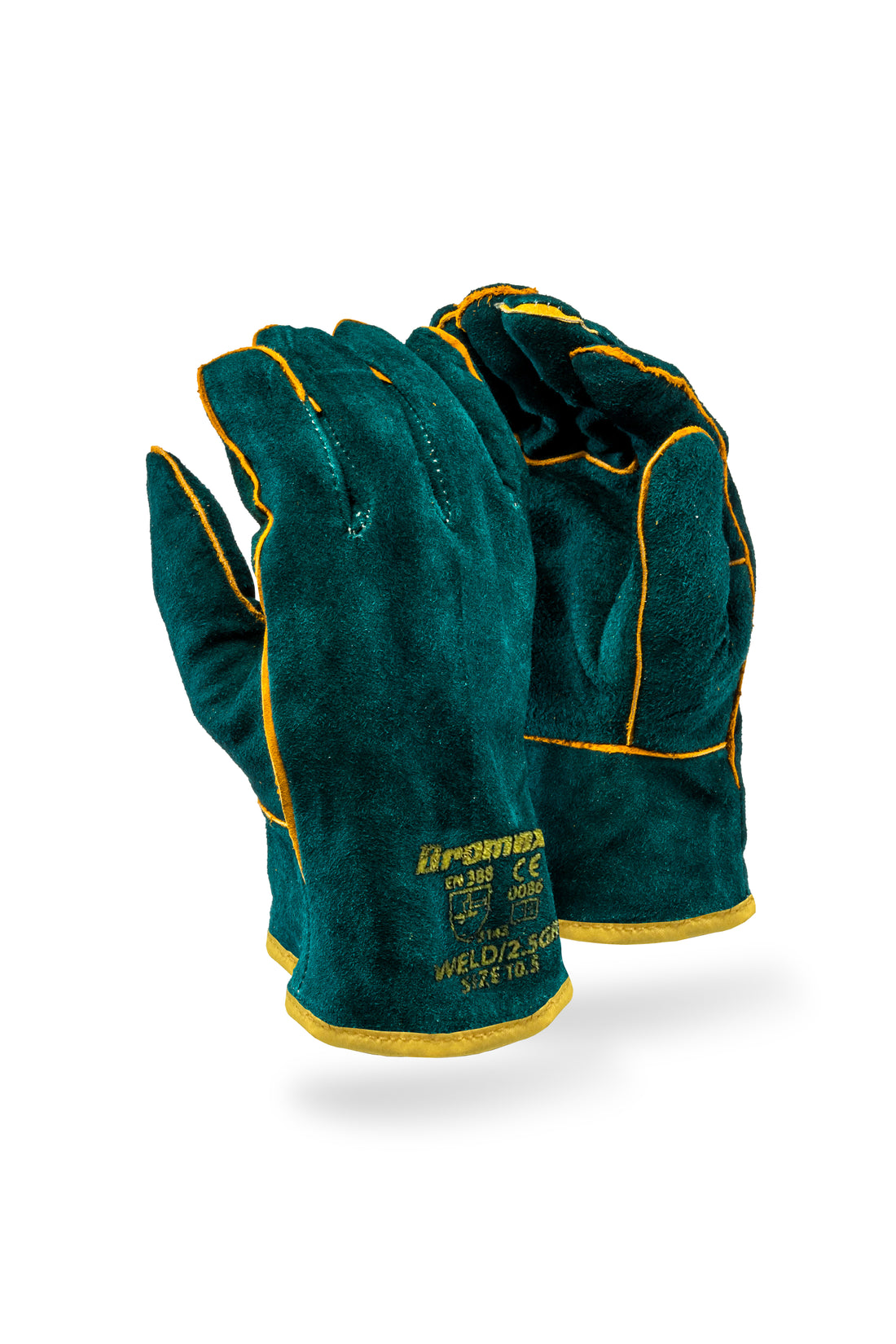 Pair of green gloves with yellow accents on a white background