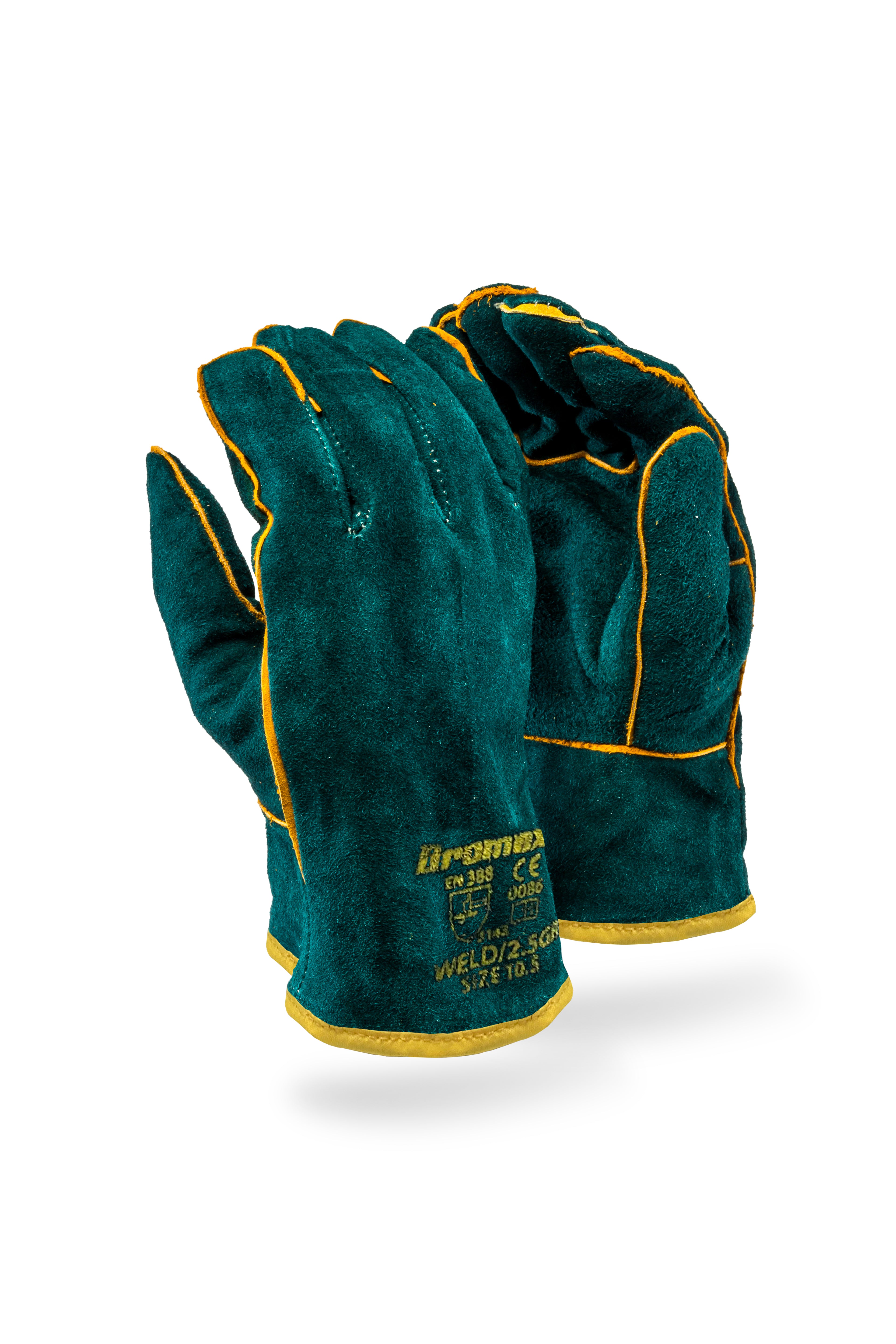 Pair of green gloves with yellow accents on a white background