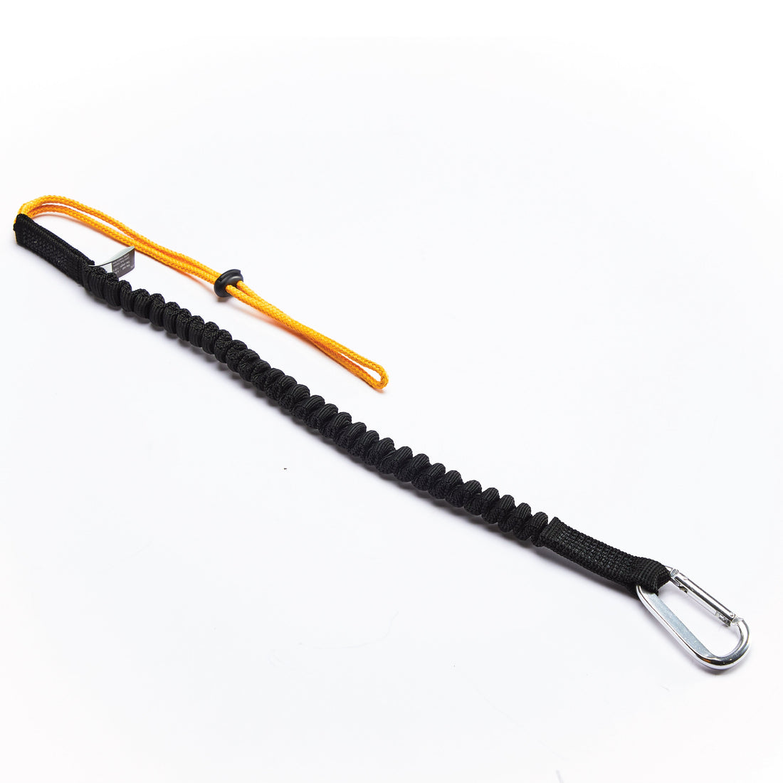 Black braided lanyard with a carabiner on a white background