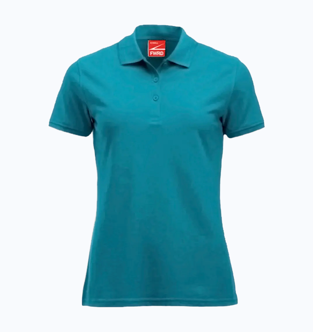 Teal polo shirt with a brand logo on a white background