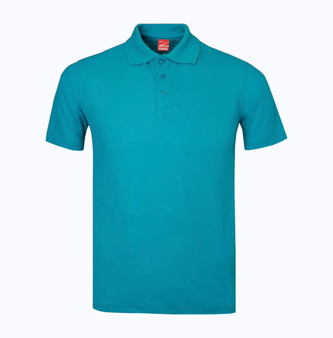 Teal polo shirt with a brand logo on a white background
