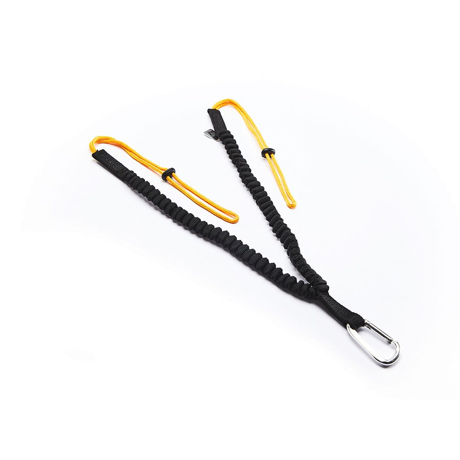 Black and yellow bungee cord with carabiner on a white background