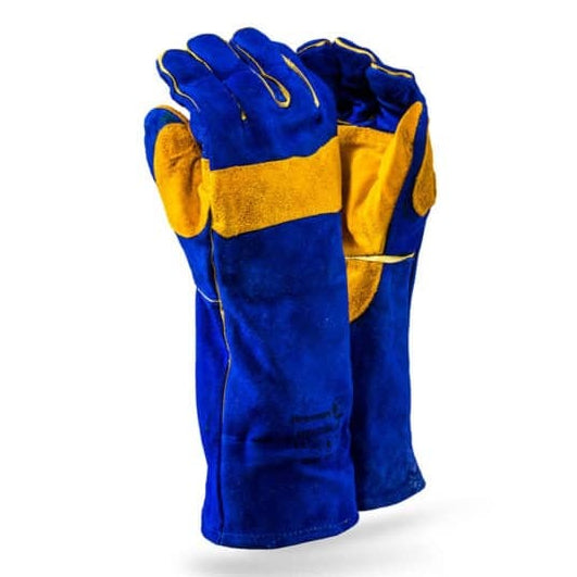 Pair of blue and yellow gloves on a white background
