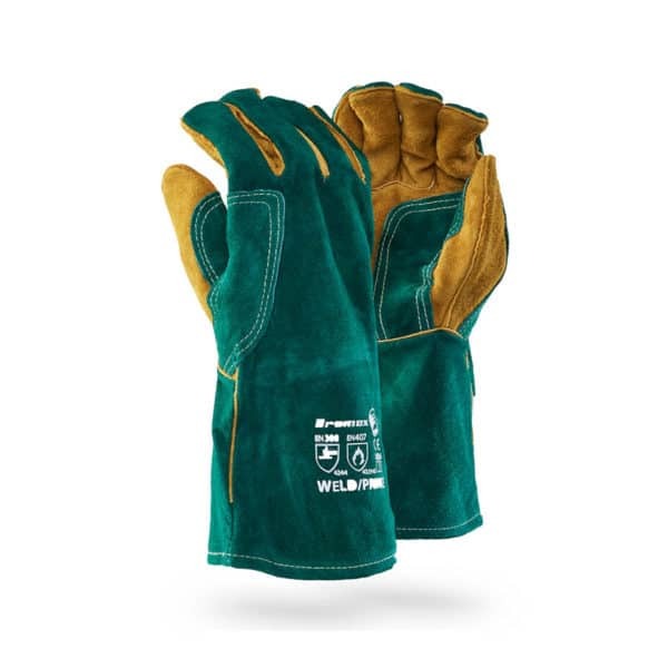 Pair of green and brown gloves on a white background