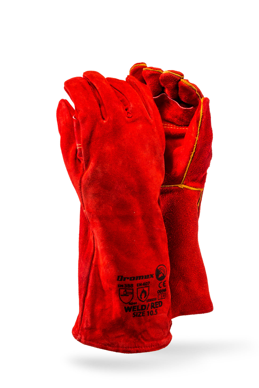 Red welding gloves with yellow accents on a white background