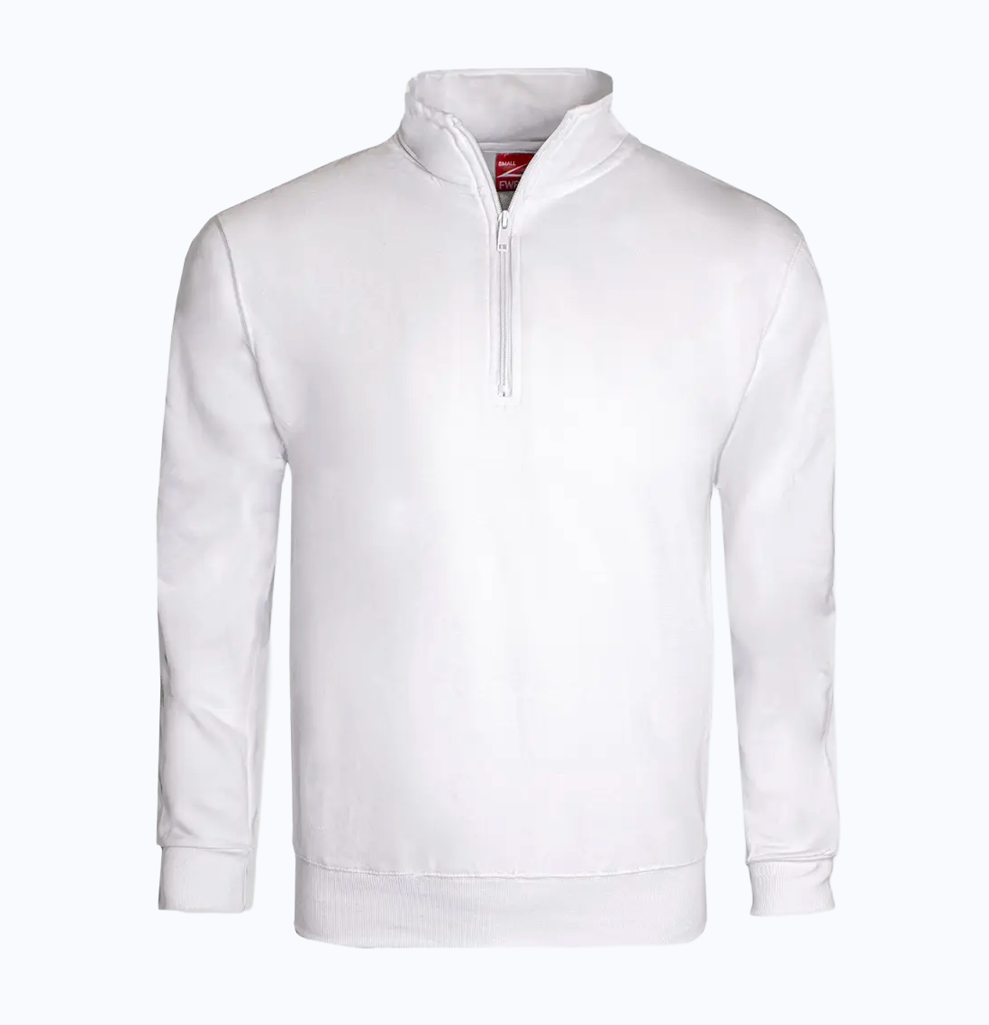 White quarter-zip sweatshirt on a white background