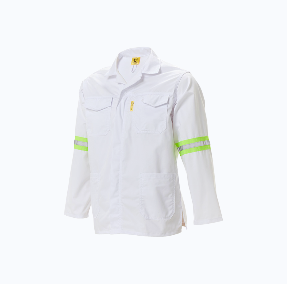 White jacket with reflective green stripes on a white background