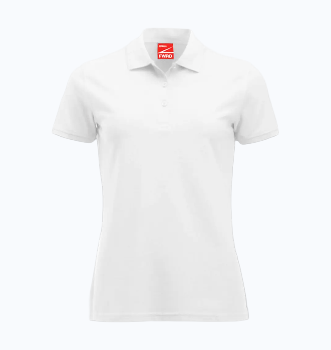 White polo shirt with a brand logo on a white background