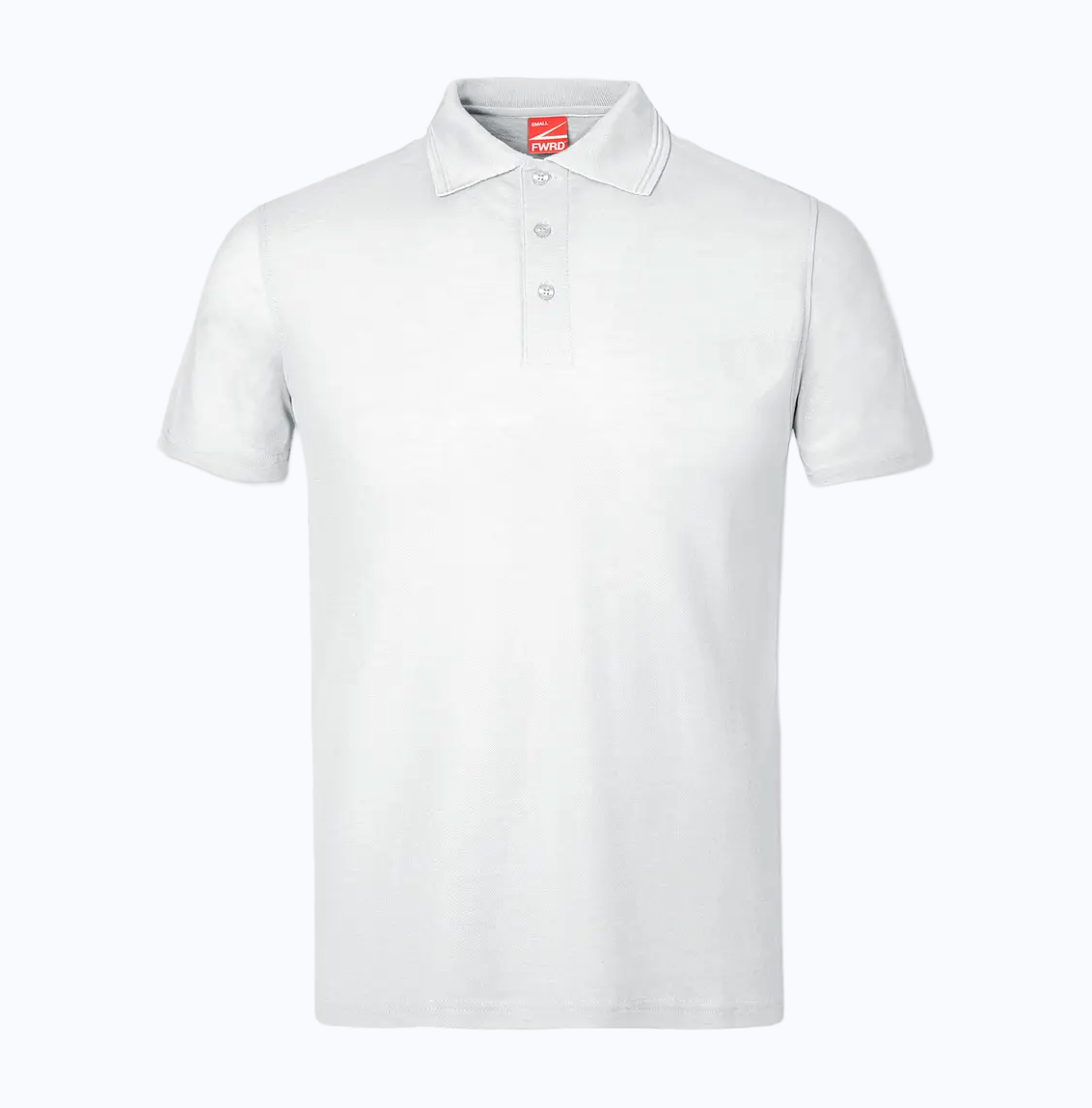 White polo shirt with a brand logo on a white background