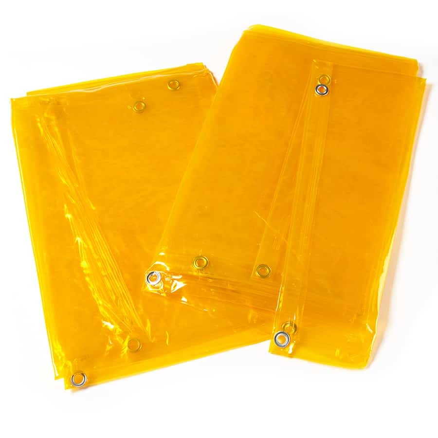 Two yellow transparent plastic bags with grommets on a white background