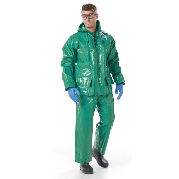Person wearing a green rain suit with gloves and goggles on a white background