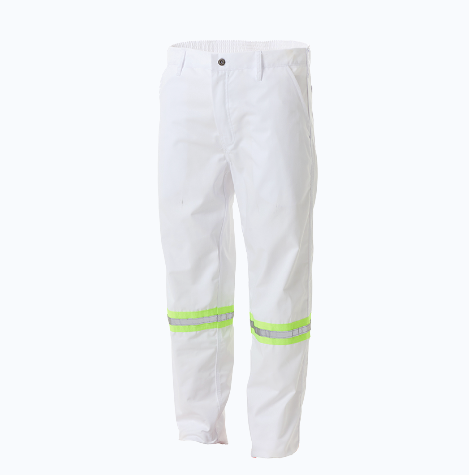 White pants with reflective green stripes on a white background